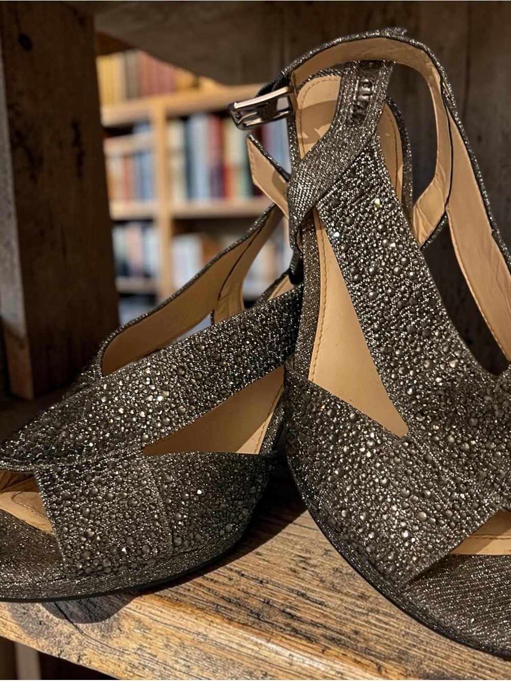 Alex Marie Metallic Black Glitter T-Strap Wedge Sandals